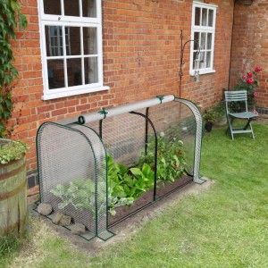 Kompaktes Mini Gewächshaus mit grünem Metallrahmen und weißer PE-Abdeckung, schützt Pflanzen im Garten.