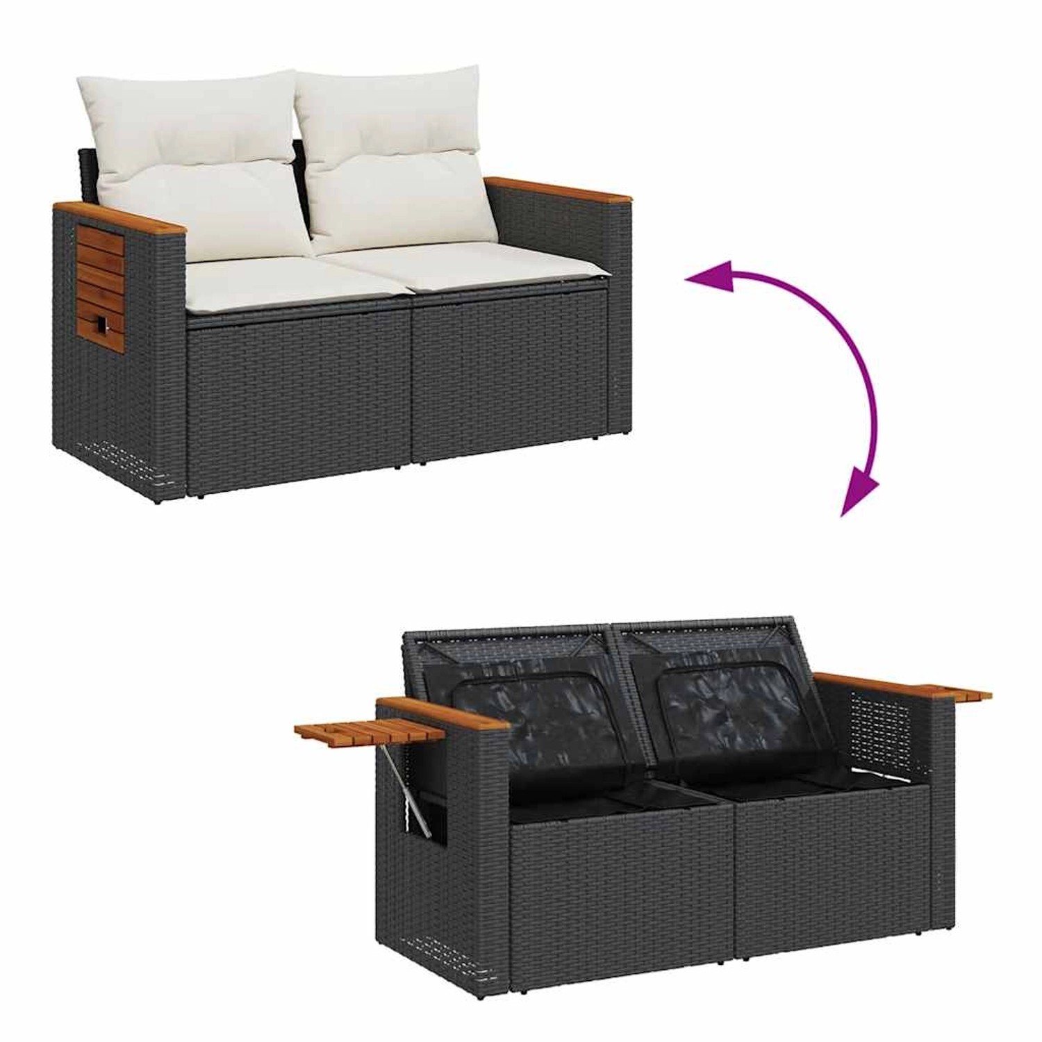 vidaXL Garten-Sofagarnitur, 7-teilig, schwarz, Poly Rattan mit Kissen und Stauraum.