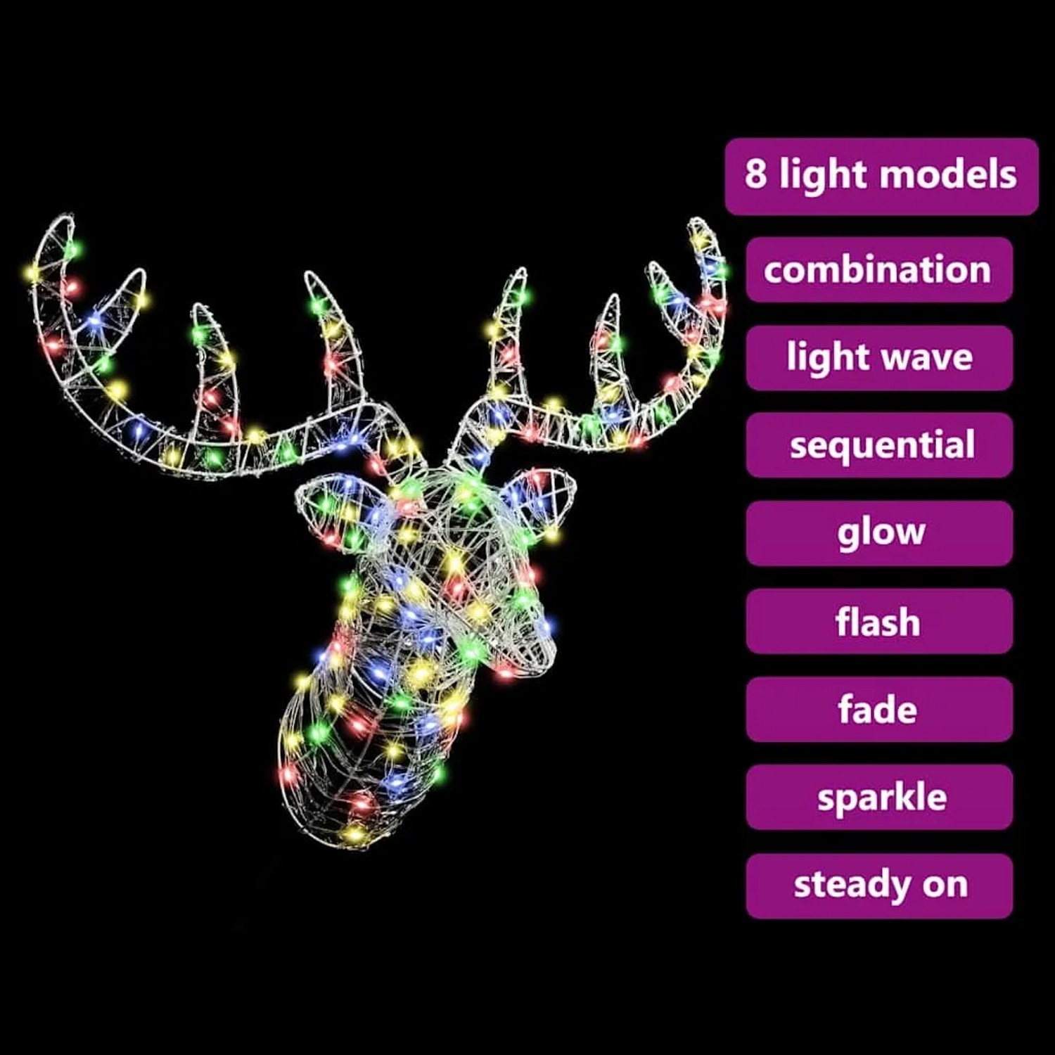 Bunter vidaXL Rentierkopf aus Acryl, 60 cm, mit LED-Beleuchtung für stimmungsvolle Weihnachtsdekoration.