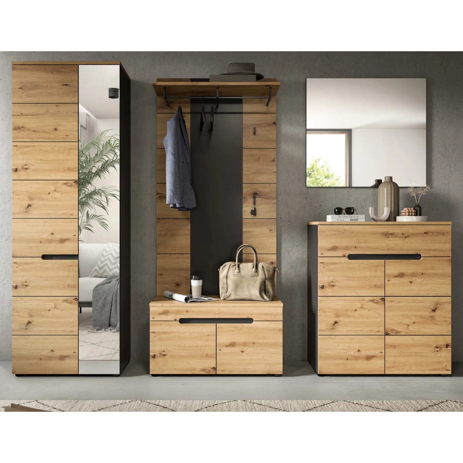 5-teiliges Garderoben-Set Cooper in Eiche Artisan und Grau mit Schrank, Spiegel, Paneel, Sitzbank und Schuhkommode.