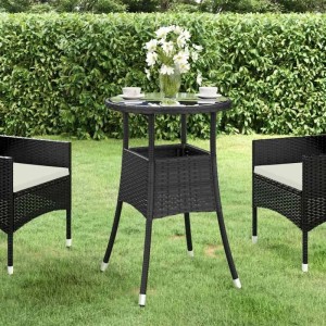 Schwarzer vidaXL Gartentisch aus Rattan mit Glasplatte, Ø60x75 cm.