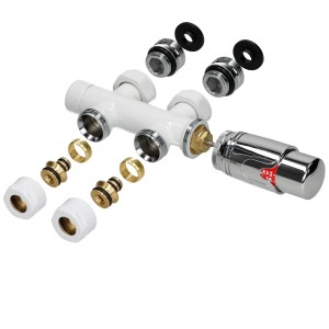 LuxeBath Ventil-Armaturen Set Multiblock Weiß mit Thermostatkopf für Heizkörper.