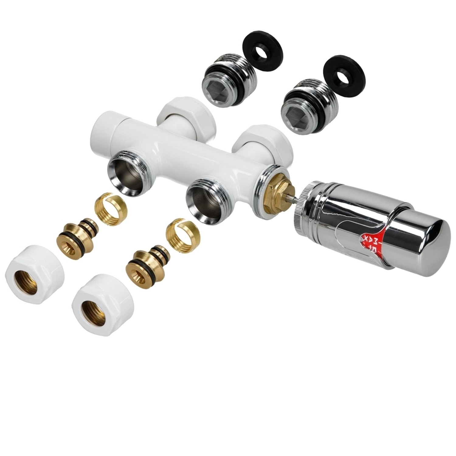 LuxeBath Ventil-Armaturen Set Multiblock Weiß Durchgangsform mit Thermostatkopf