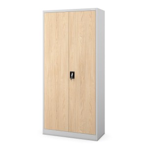 JAN NOWAK Büro-Aktenschrank aus grauem Metall mit Eiche Sonoma Türen. Abschließbarer Stahlschrank für Ordner, 195 cm hoch.