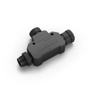 Schwarzer T-förmiger Kabelverbinder für Philips Hue Gartenbeleuchtung. Wasserdichter Abzweig für Niedervolt-Verlängerungskabel.