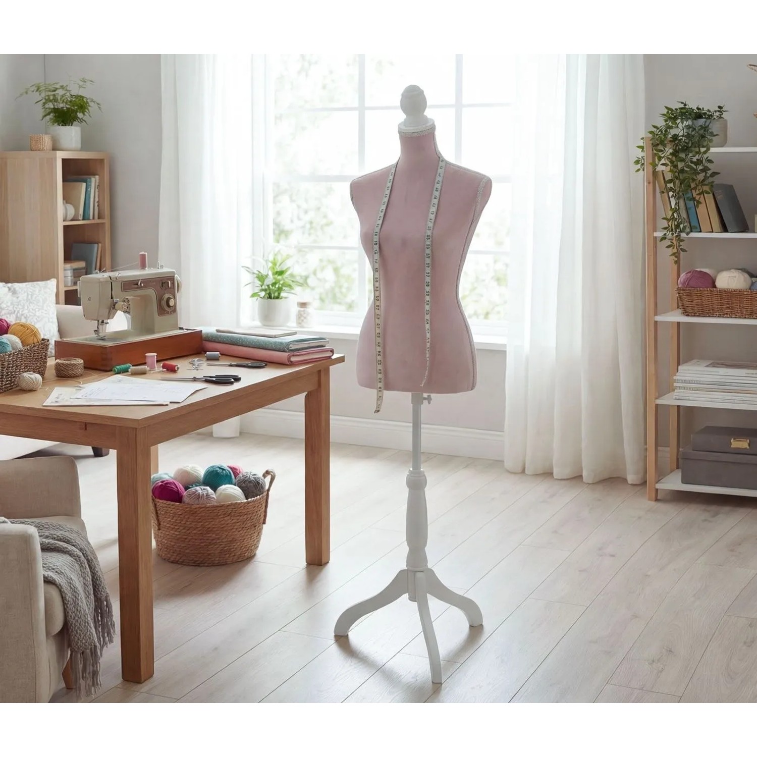 Elegante rosa Schneiderpuppe mit Stoffbezug, weißem Holzstandfuß und Maßband. Perfekt für Nähen, Mode & Dekoration.