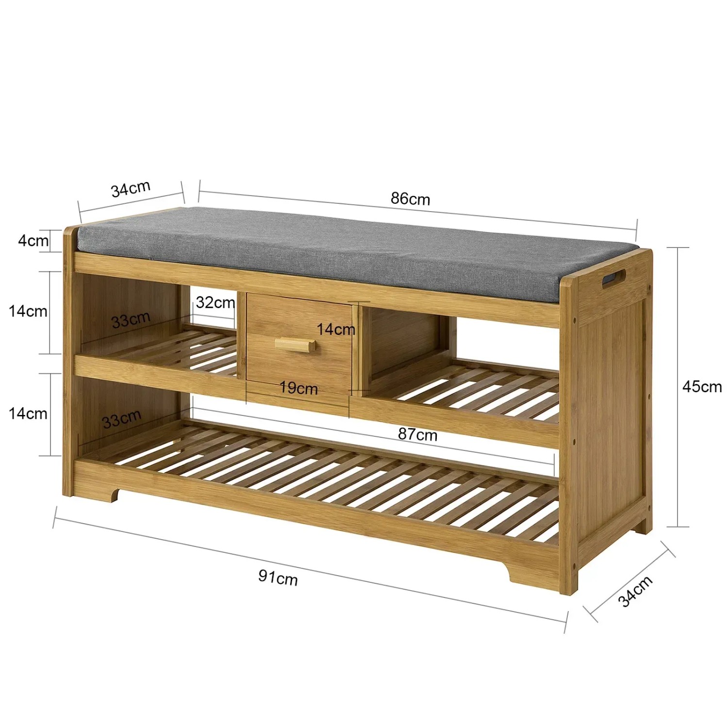 SoBuy Schuhregal FSR75-N aus Bambus mit 2 Ablagen, Schublade und grauem Sitzkissen.