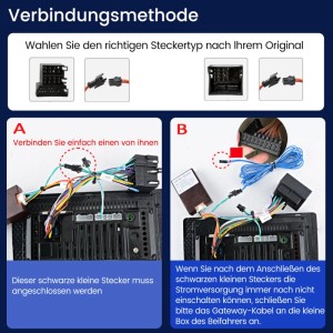 Anschlussanleitung Junsun Autoradio: Zeigt Steckertypen, Verkabelung und Gateway-Kabel für Benz Viano Vito W639.