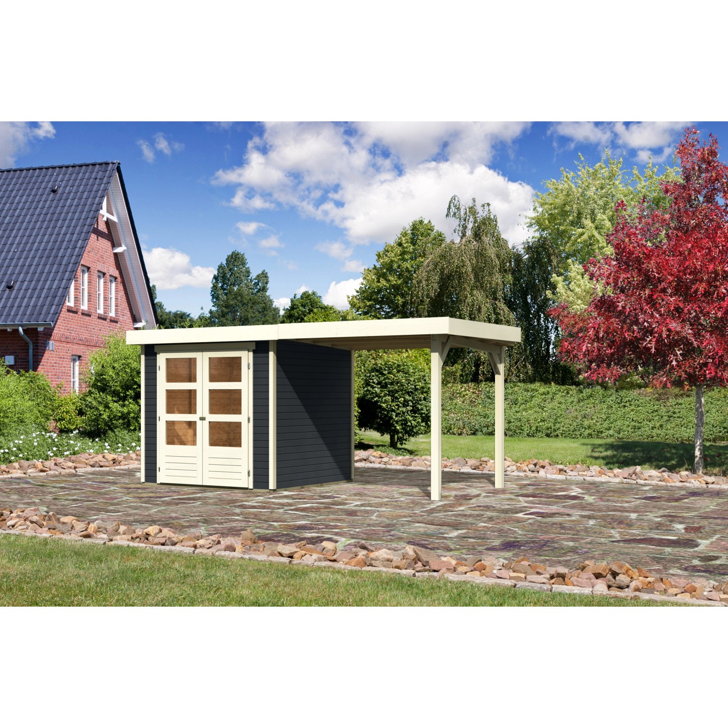 Karibu Gartenhaus Boras 2 Anthrazit 433 cm x 217 cm mit Anbaudach günstig online kaufen