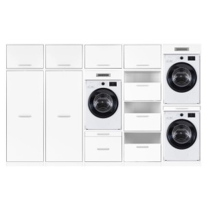 Weißes Inter Link Möbel-Set Lifestyle Studio Flow für Hauswirtschaftsraum. Modulare Schränke, Schubladen, integrierte Waschmaschinen.
