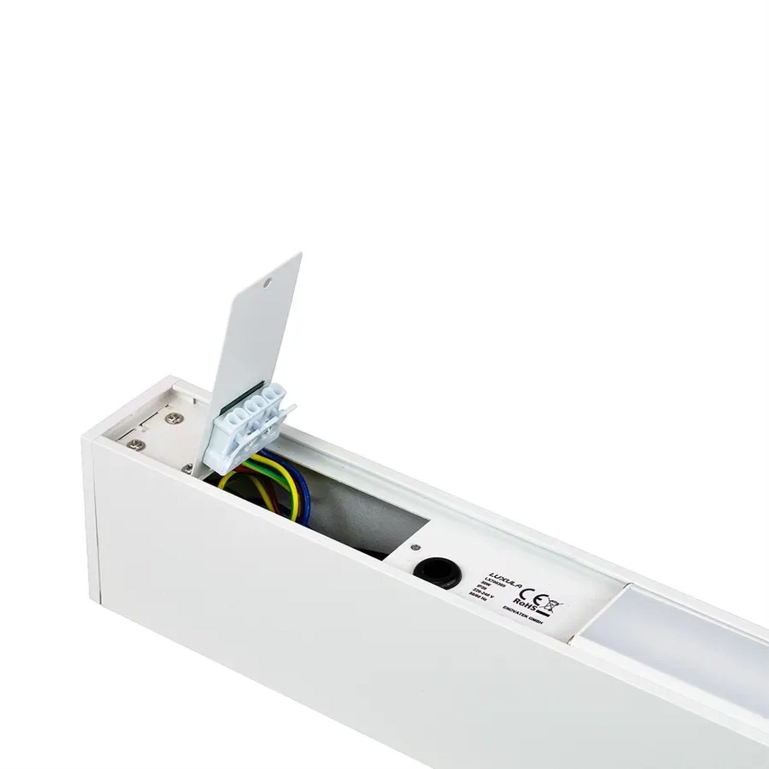 Detailaufnahme der LUXULA LED Büroleuchte (weiß) mit geöffnetem Anschlusskasten und Verkabelung.