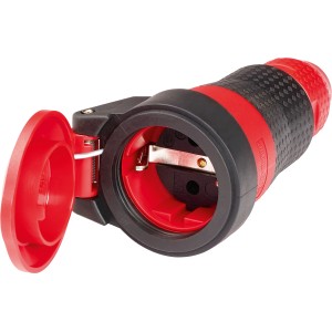 Schuko Kupplung von ABL Sursum, rot-schwarz, mit geöffnetem Deckel. Schutzkontaktkupplung für Leitungen bis 2,5 mm².