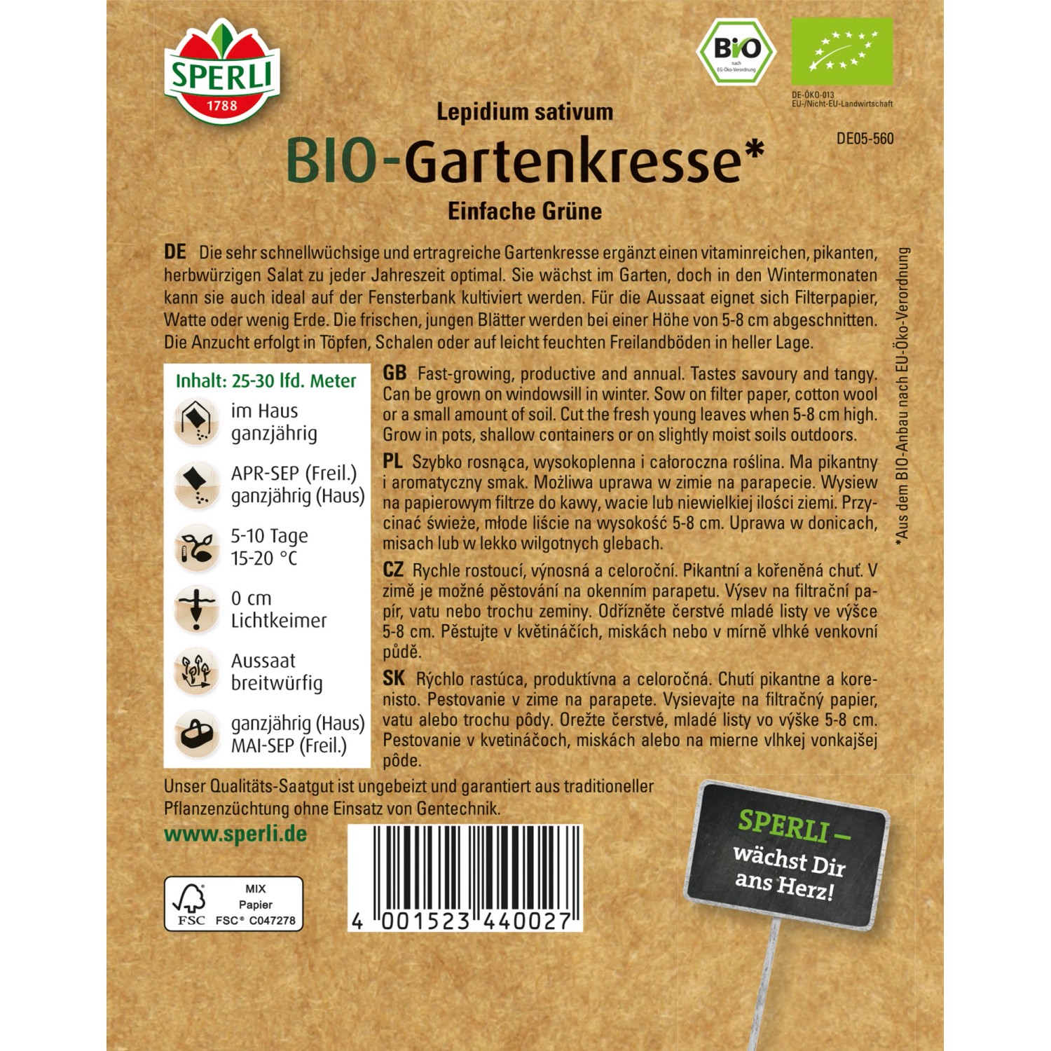 Samenpackung Sperli Bio Gartenkresse: Vitaminreiche, schnellwüchsige Kräutersamen für Garten und Fensterbank.