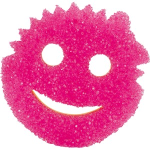 Pinker Scrub Mommy Reinigungsschwamm in Smiley-Form für Küche und Haushalt.