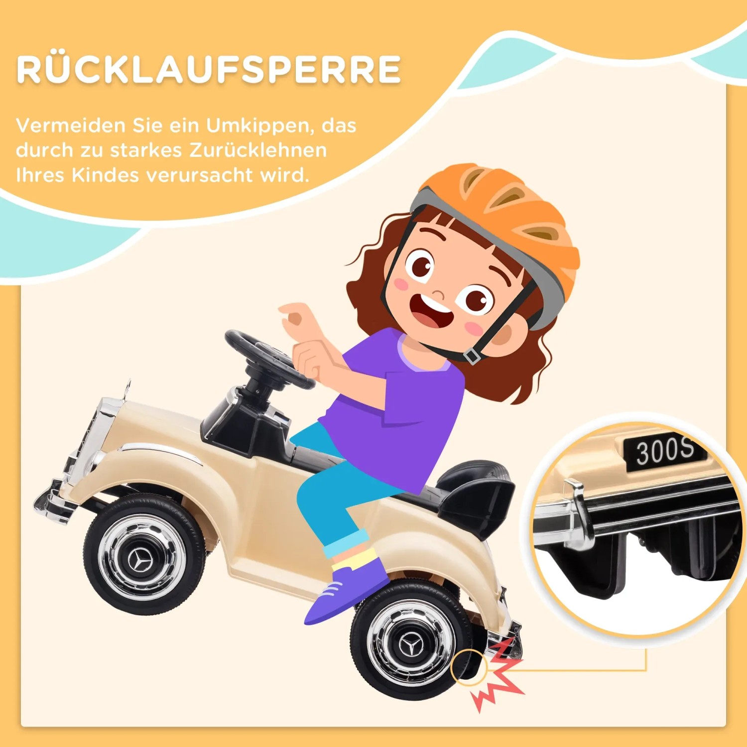 Kind auf beigem AIYAPLAY Rutschauto Mercedes 300S mit Kippschutz. Ideal für Kinder von 18-48 Monaten.