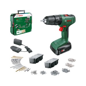 Bosch Akku-Schlagbohrschrauber EasyImpact 18V-40 Set mit grüner SystemBox, Ladegerät und 241-teiligem Zubehör.