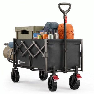 Schwarzer, faltbarer Sunula Bollerwagen mit Heckklappe und Campingzubehör.