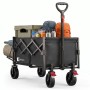 Schwarzer, faltbarer Sunula Bollerwagen mit Heckklappe und Campingzubehör.