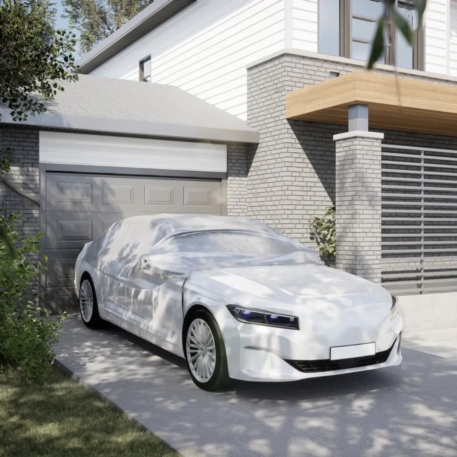 Silberne vidaXL Autoabdeckung Halbgarage L schützt Auto vor Frost und UV-Strahlen.