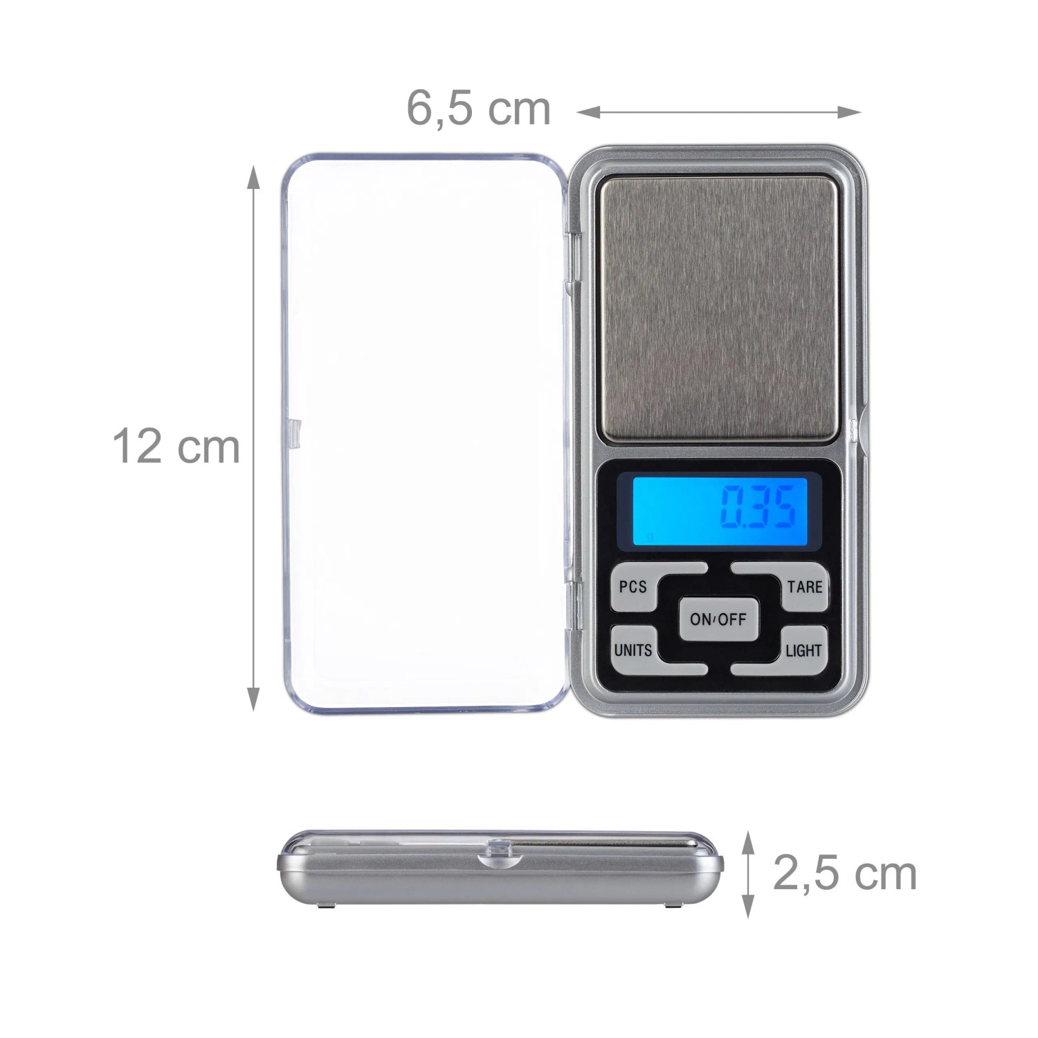 Silberne Relaxdays Feinwaage mit Edelstahl-Wiegefläche, blauem LCD-Display und Tasten. Maße: 12x6,5x2,5 cm.