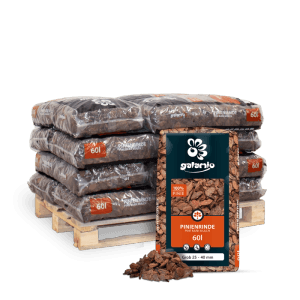Galamio Rindenmulch Pinie Grob, 12 Säcke à 60l auf Palette. Rotbrauner Mulch 25-40 mm für Garten.