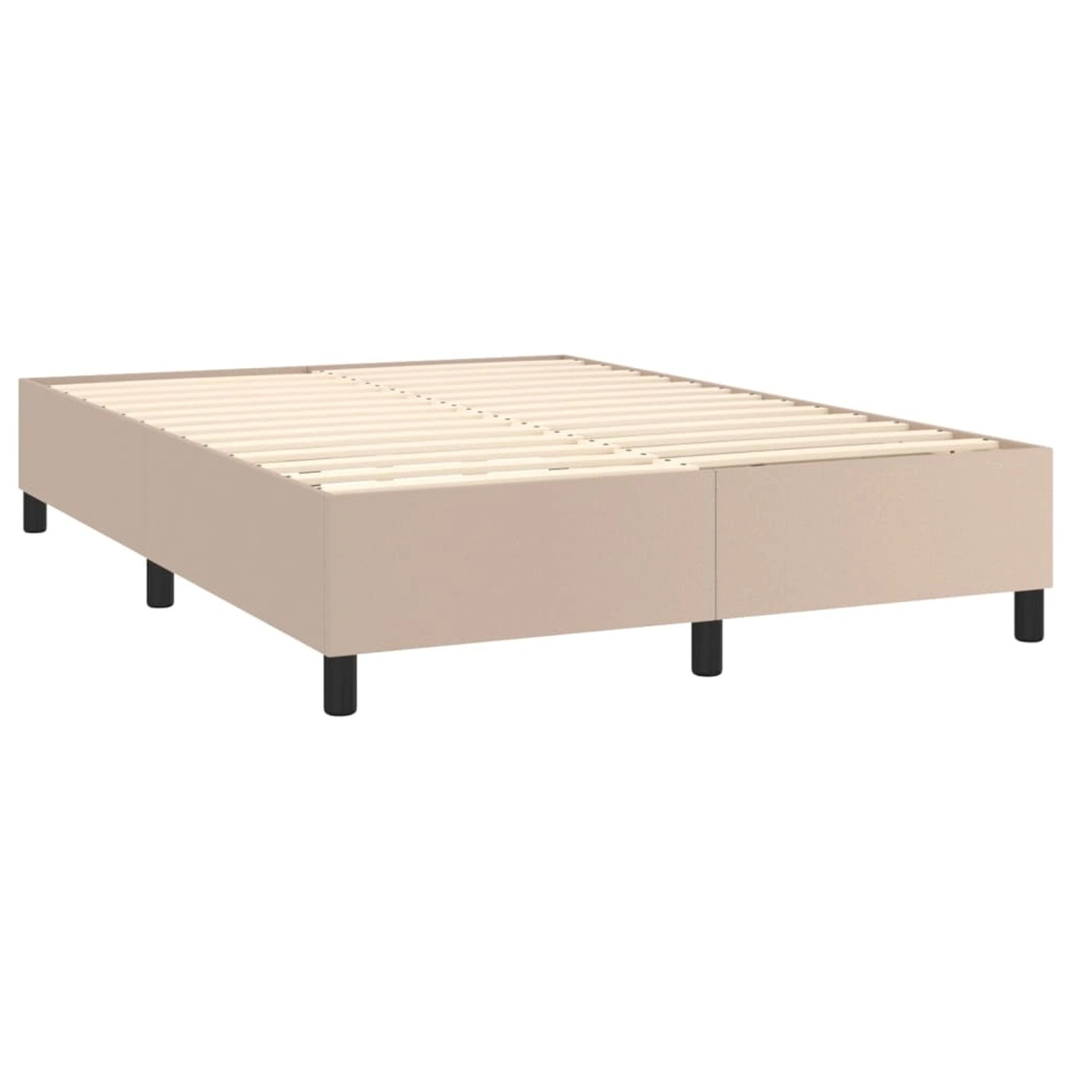 Boxspringbett in Cappuccino-Braun, 140x200 cm, mit Lattenrost und schwarzen Füßen.