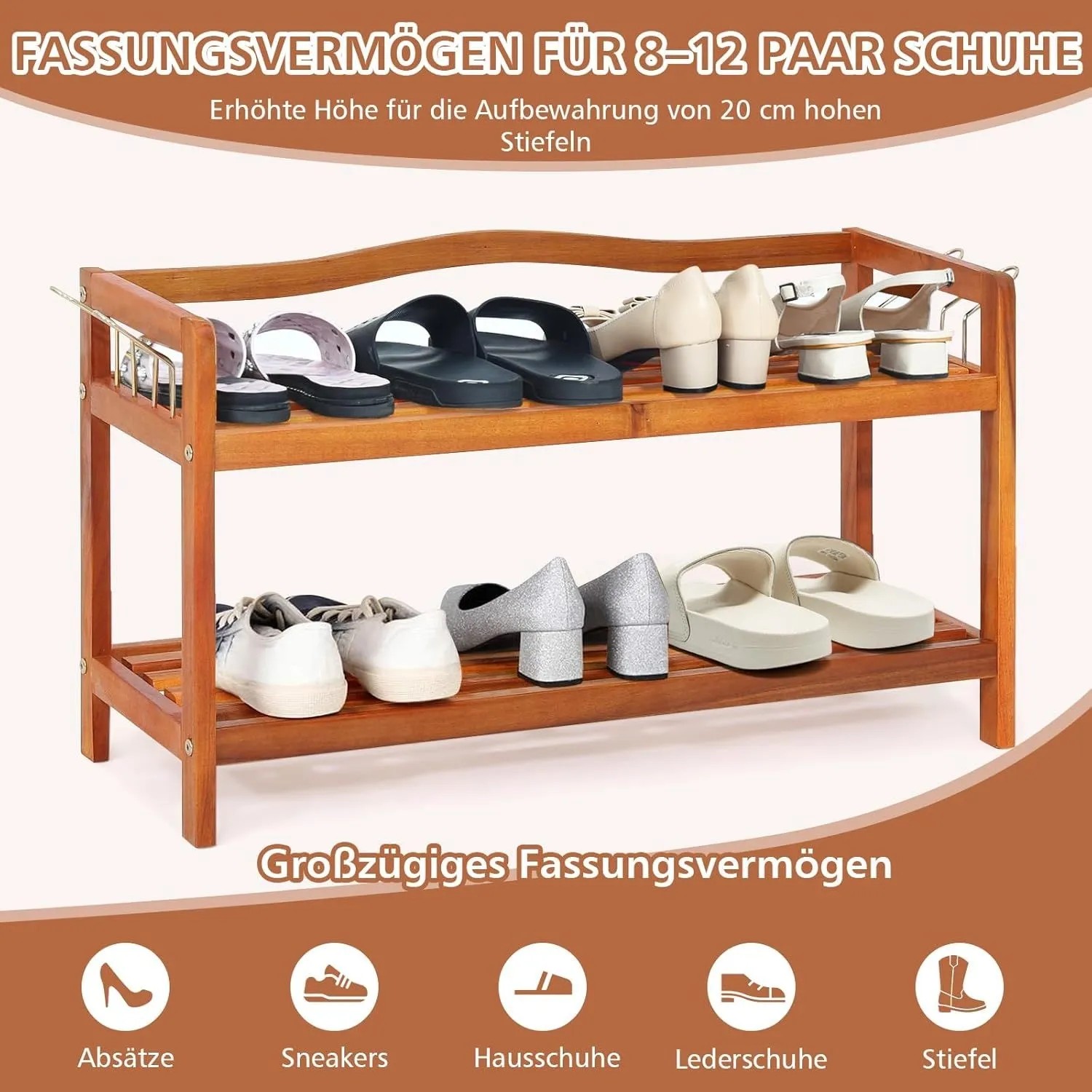 Costway Schuhregal aus rotbraunem Akazienholz mit 2 Ebenen und seitlichen Metallhaken für 8-12 Paar Schuhe.