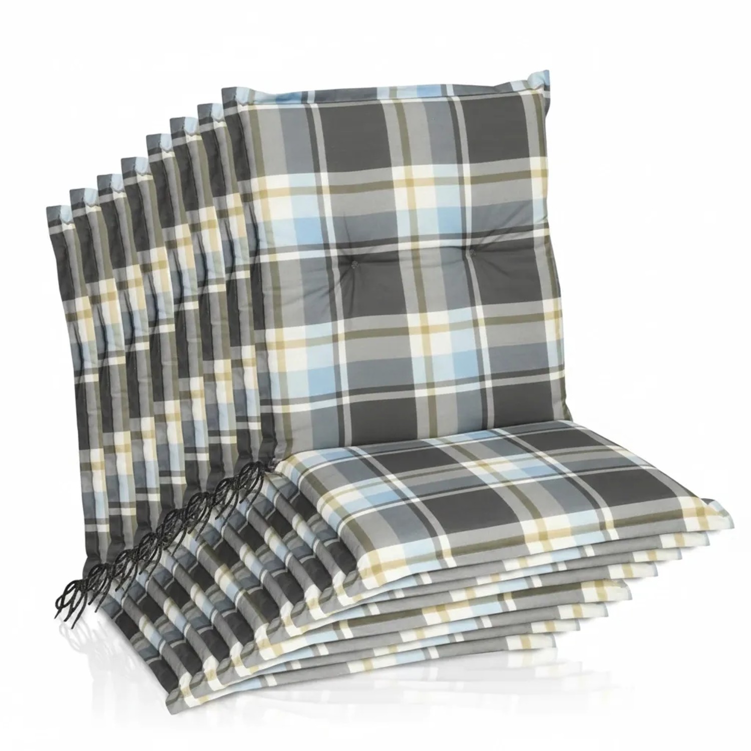 Beautissu 8er Set Sunny BK Niedriglehner Auflagen 100x50 cm in Blau Kariert