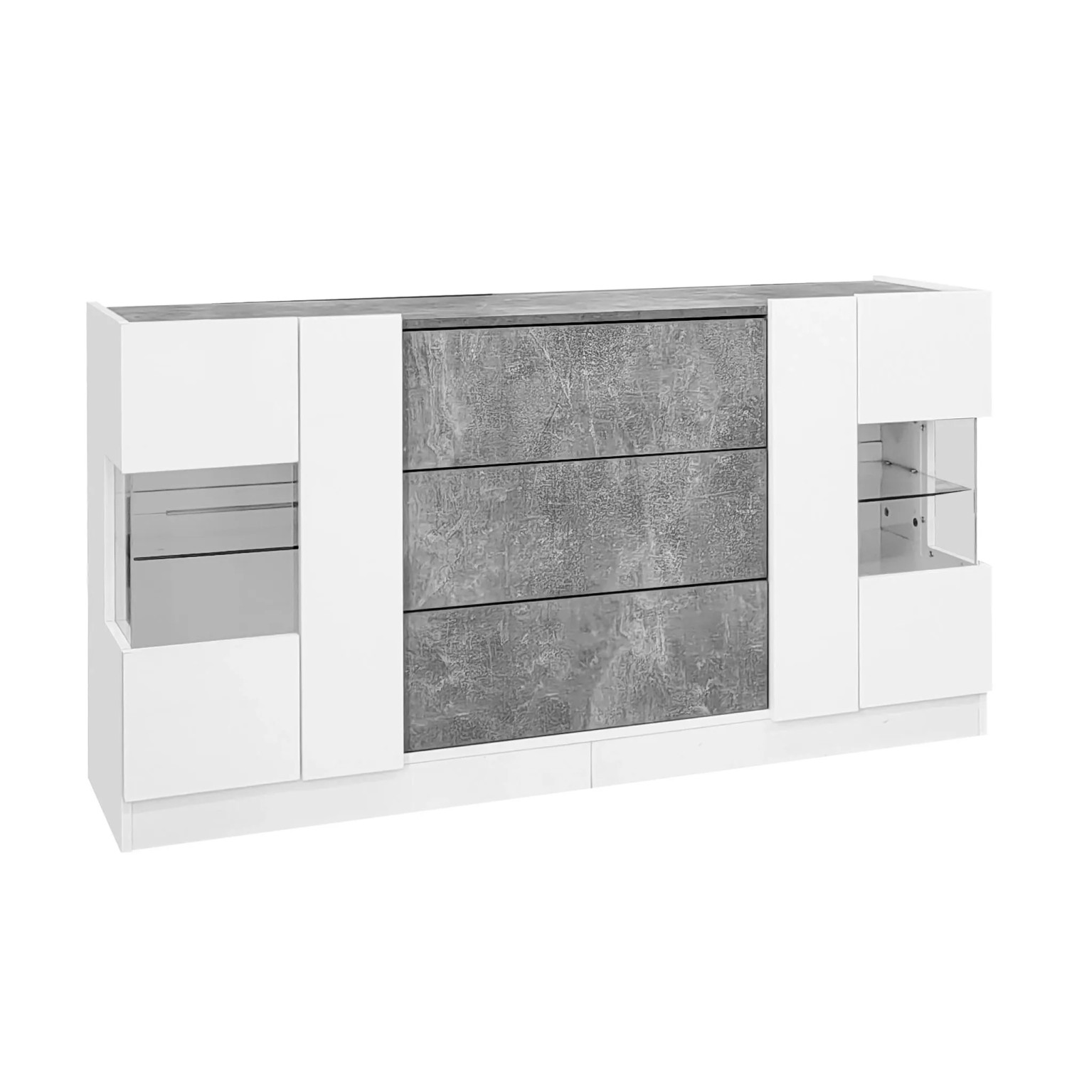 okwish Sideboard mit 2 Türen 3 Schubladen LED Beleuchtung Wohnzimmer 140x35x75cm Weiß Grau