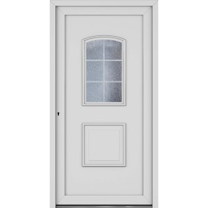 Weiße Kunststoff Haustür Roro OKE 1101 mit Ornamentglas und DIN links Anschlag.