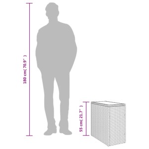 Hellgrauer vidaXL Garten-Beistelltisch aus Rattan mit Glasplatte, Maße dargestellt.