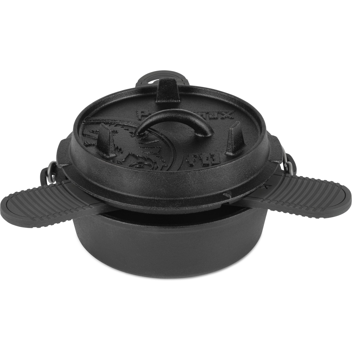 Petromax Silikonuntersetzer & Abstandshalter in Schwarz mit Feuertopf und Deckel.