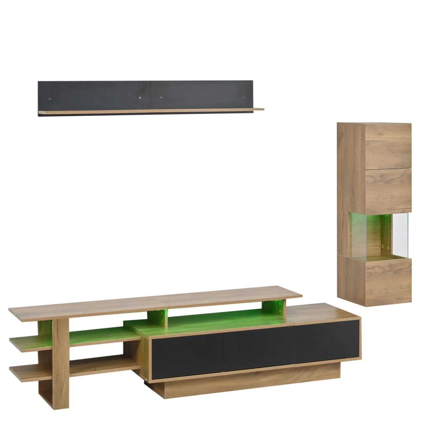 okwish Wohnwand Set mit LED Beleuchtung TV Schrank Vitrine Hängeregal 180x40x45cm Natur