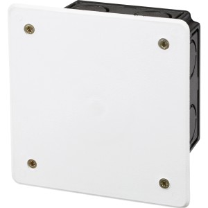 Unterputz Abzweigkasten, 95x95mm, schwarz-weiß, mit Schrauben und Ausbrechöffnungen.