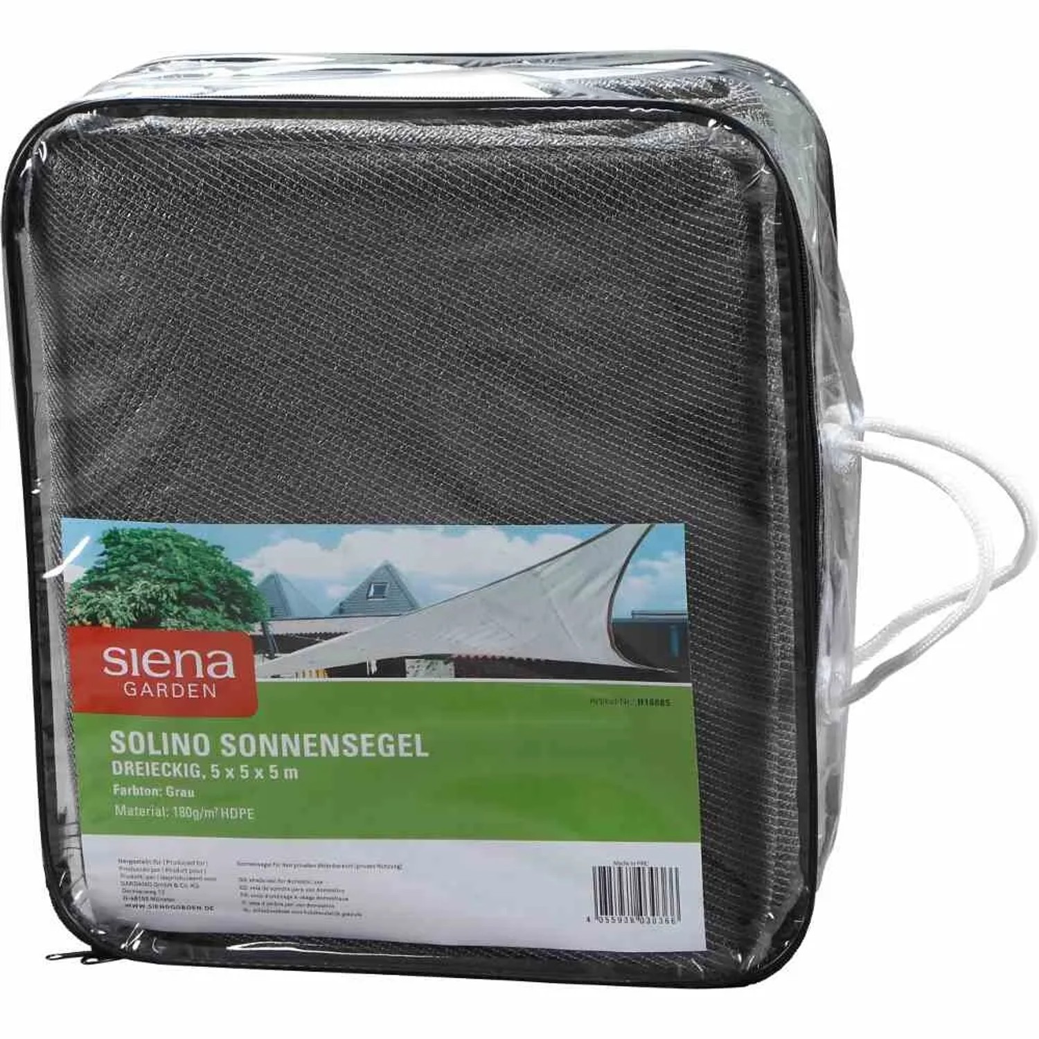 Verpacktes, graues, dreieckiges Siena Garden Solino Sonnensegel, 5x5x5 m.