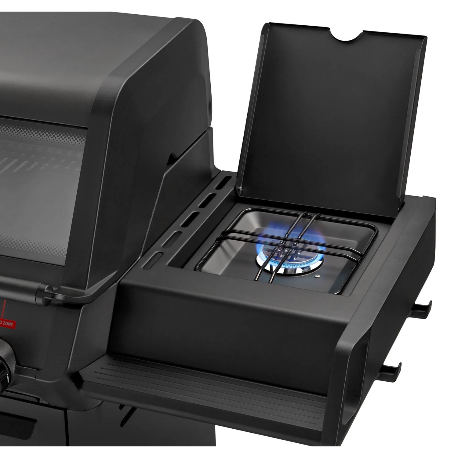 Detailaufnahme: Enders Gasgrill Monroe Pro 4 SIKR Turbo Shadow mit Seitenkocher in Betrieb.