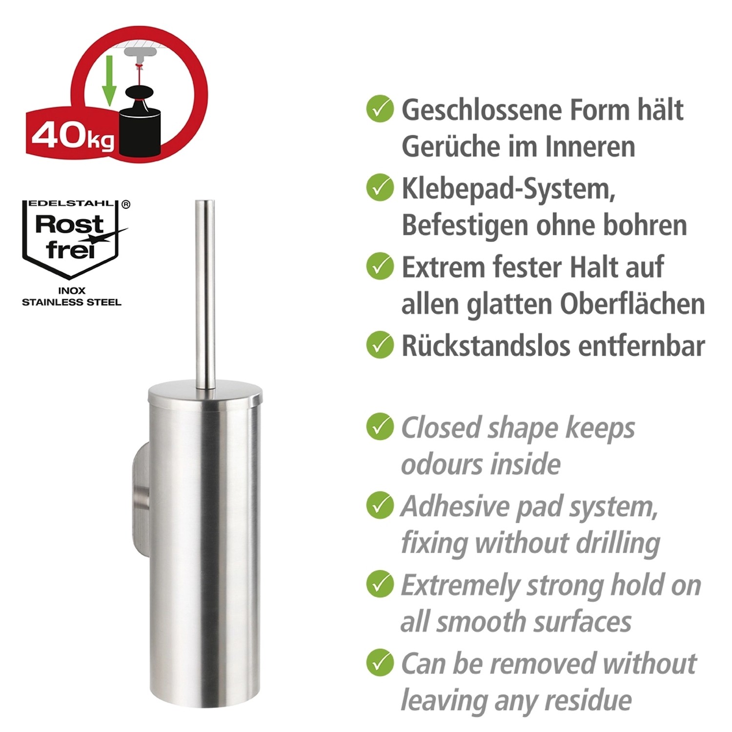 Wenko WC-Garnitur Orea, Edelstahl matt, geschlossene WC-Bürste mit Wandbefestigung.