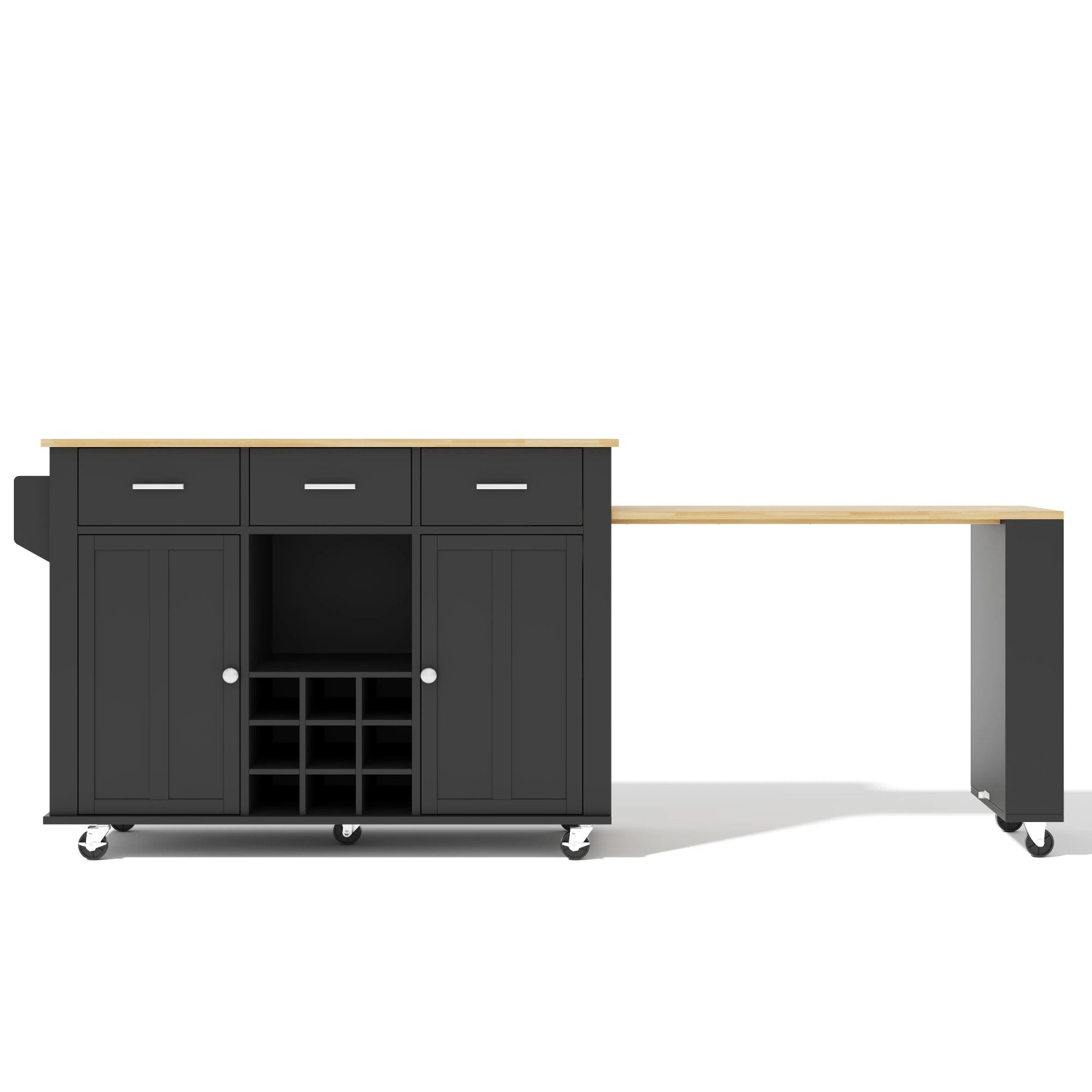 Merax Mobile Kücheninsel mit Ausziehplatte  3 Schubladen  Weinregal  USB  Rollen 136x50x93cm