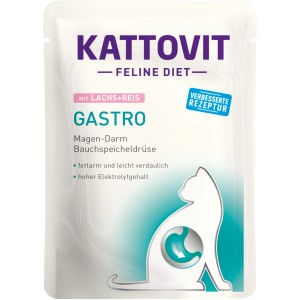Kattovit Gastro Spezialfutter für Katzen mit Lachs und Reis im Portionsbeutel.
