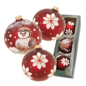 3 braune Weihnachtskugeln von Krebs Glas Lauscha, 8cm, mit Eulen- und Blumenmuster.