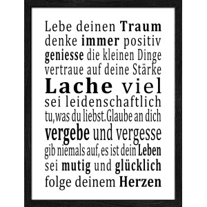 Gerahmtes Bild mit Lebensweisheiten in Schwarz-Weiß, 42,5x32,5 cm. Wanddeko für Wohnraum.