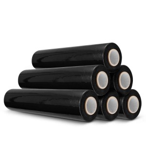 Sechs Rollen schwarze DeTec. Stretchfolie (300m) für Versand und Verpackung.