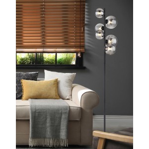 Moderne LED-Stehlampe Riha, 6-flammig, schwarz matt mit rauchfarbenen Glaskugeln, für stimmungsvolle Beleuchtung.