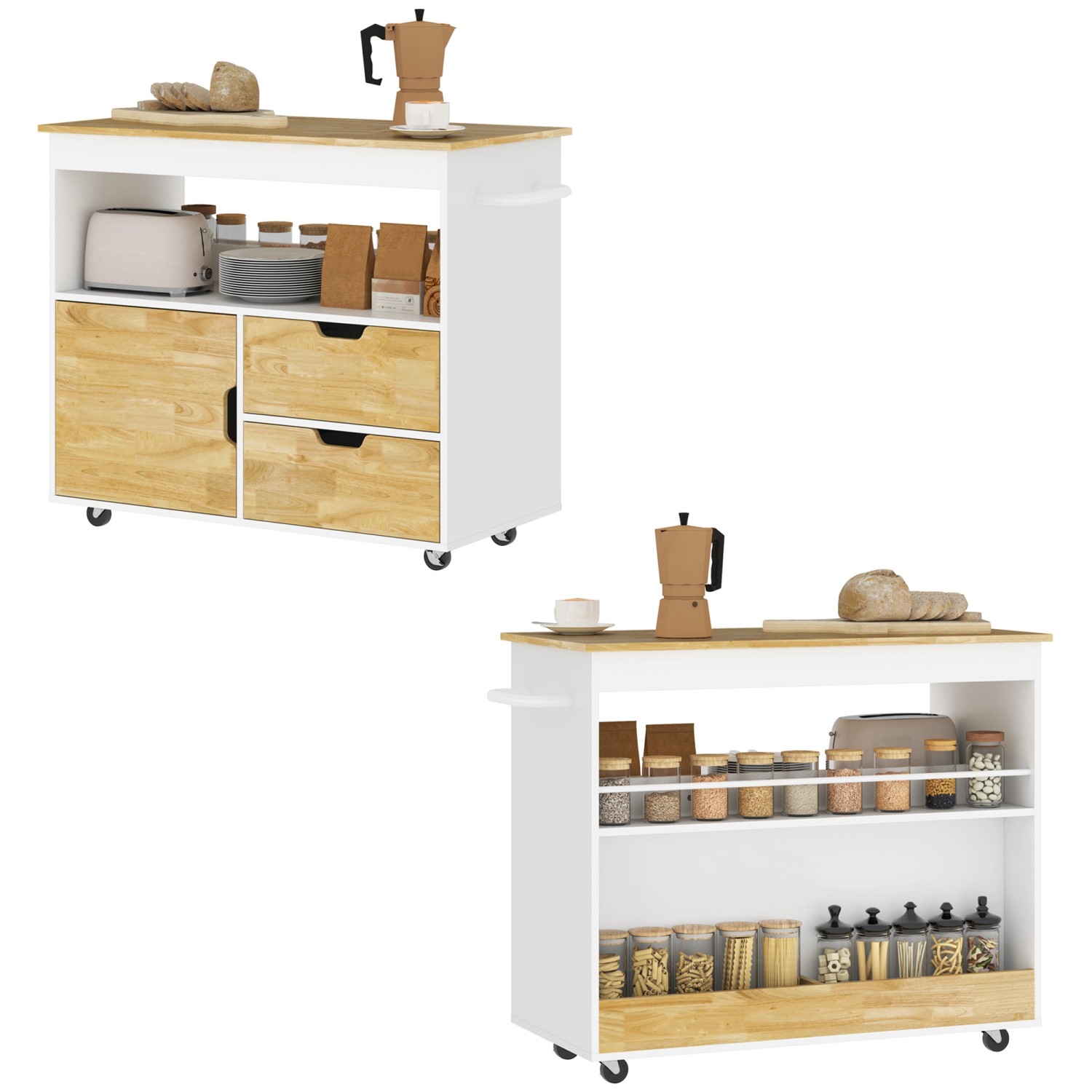 HOMCOM Küchenwagen Spanplatte Gummiholz Eiche 107L x 50B x 85H cm günstig online kaufen