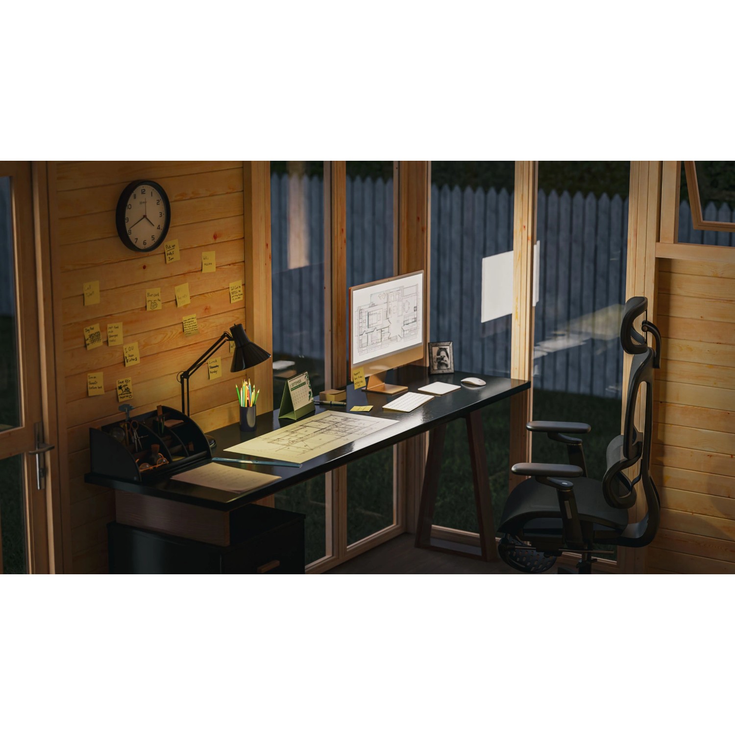 Innenansicht Bertilo Elementgartenhaus Cubus 3 Office Lounge mit Schreibtisch und Bürostuhl.