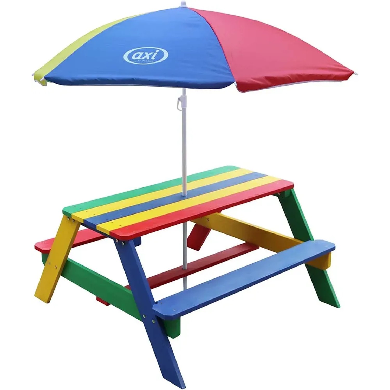 Axi Nick Picknicktisch Regenbogen mit Sonnenschirm, farbenfroher Kindertisch für Spiel & Spaß im Garten.