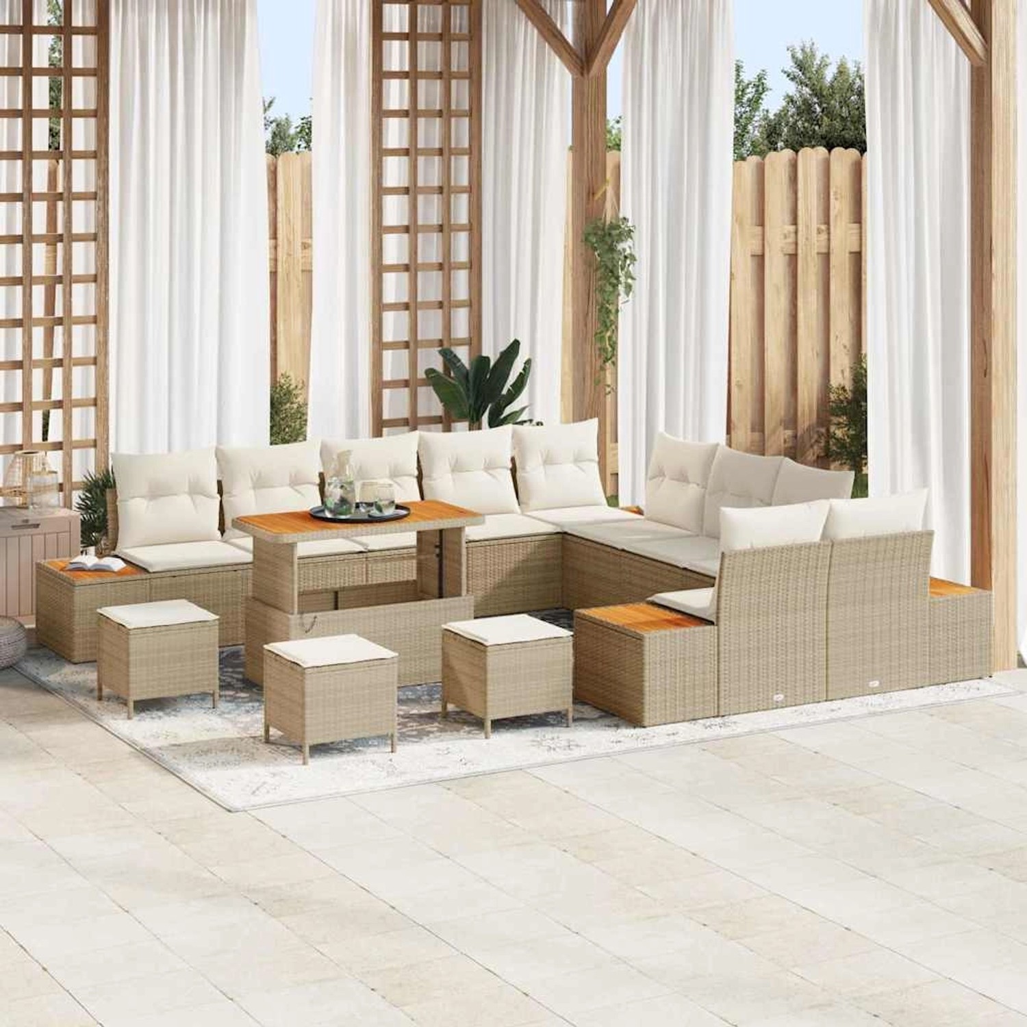 Beiges 14-tlg. vidaXL Garten-Sofa-Set aus Poly Rattan mit Tisch und Kissen für 13 Personen.