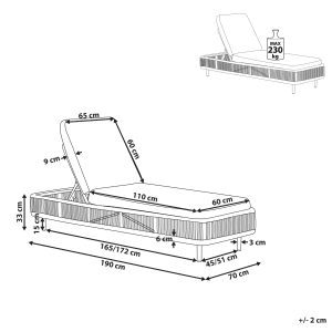 Skizze der beigen Beliani Gartenliege 190x70x33 mit verstellbarer Rückenlehne und Maßangaben.