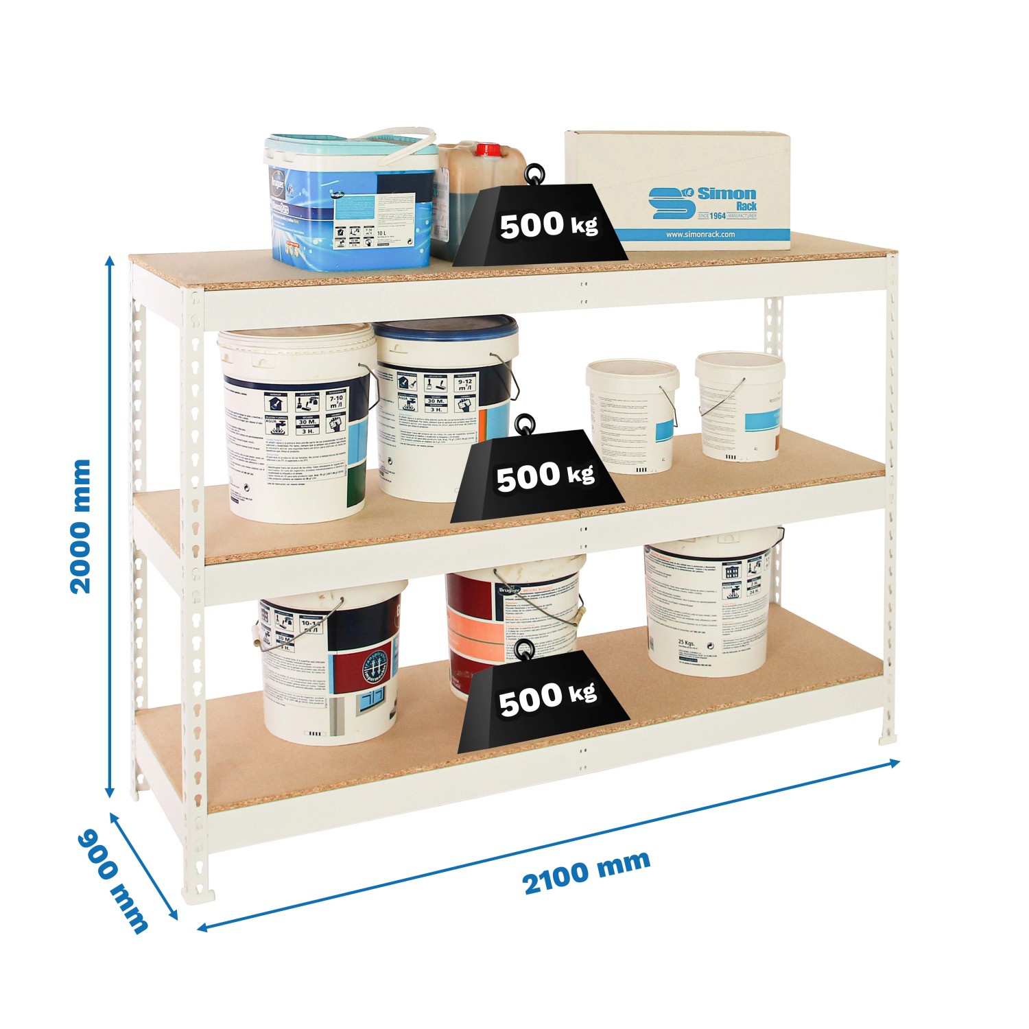 Weißes PROREGAL Schwerlastregal Wood Beast mit drei Holzböden, beladen mit Farbeimern und Karton.