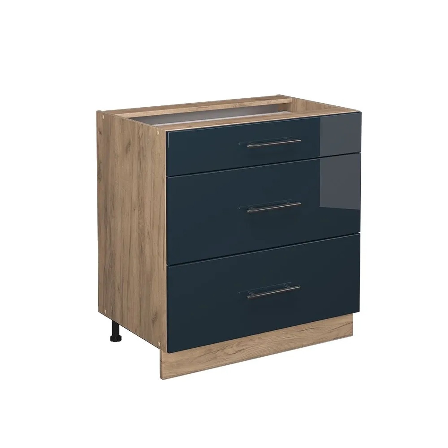 Vicco Küchenunterschrank Fame-Line DunkelBlau Hochglanz Goldkraft Eiche 80 cm mit 3 Schubladen ohne Arbeitsplatte
